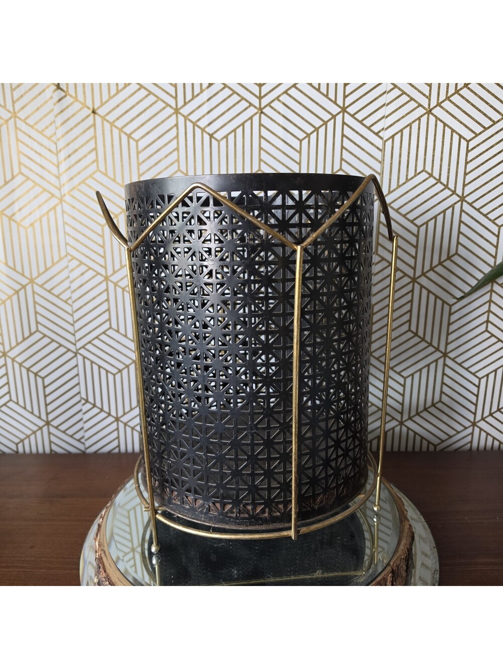 Vintage MCM Perforated Metal Wastebasket Black Gold Trash Can Matégot Style 2 Pc